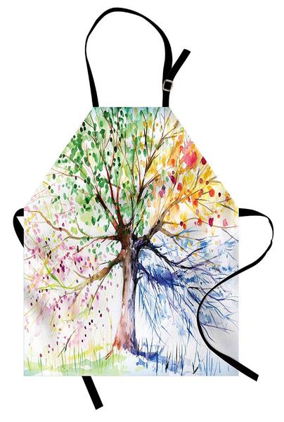 

tree apron watercolor style artistic tree with colorful blooming branches four seasons women men kids kitchen pinafore cooking