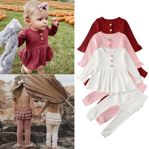 

autumn infant newborn kid baby girl clothes solid color knitted dress ruffle leggings pants outfit autumn warm 0-24m, White
