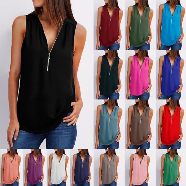 

Sleevele hirt women clothing treetwear olid color zipper v neck loo e chiffon blou e tank clothe plu ize 5xl
