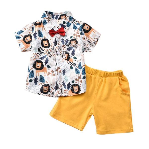 

1-5y infant baby boys clothes sets animal print short sleeve bow t shirts +solid shorts 2pcs outfits, White