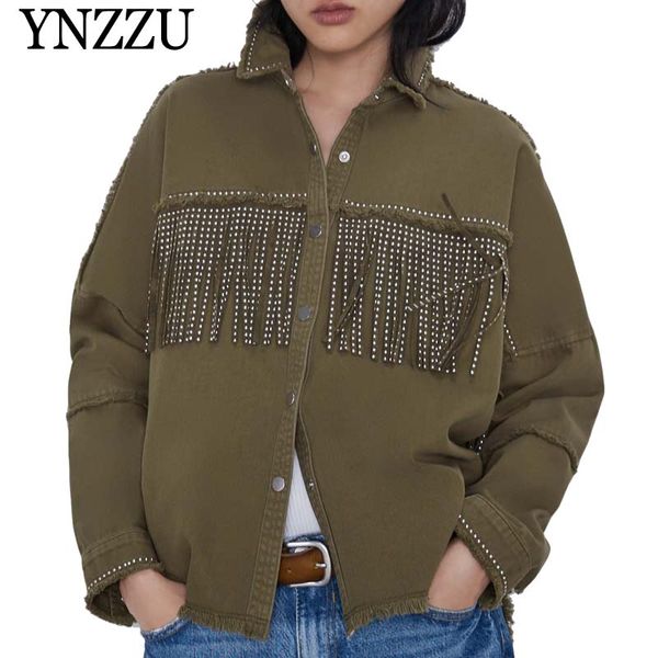 

green long sleeve women tassel jacket fashion 2019 spring autumn rivet female coat single breasted loose outerwear ynzzu yo926, Black;brown