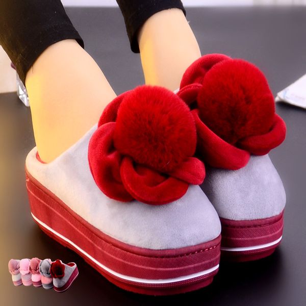 

autumn and winter plus velvet warm cotton drag fashion three-dimensional flower suede thick bottom home slippers large size10 41, Black