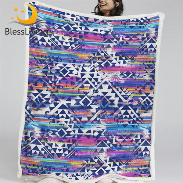 

blessliving tribal sherpa fleece blanket watercolor bed blanket classic colorful furry geometric bedding boho style koce