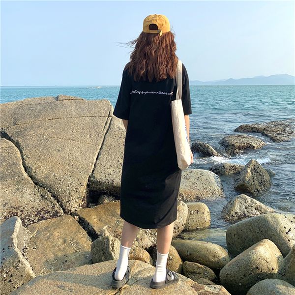 

2020 летнее платье женщины повседневная свободные печати карманные dressrs с коротким рукавом твердые o-образным вырезом миди сплит платье п, Black;gray