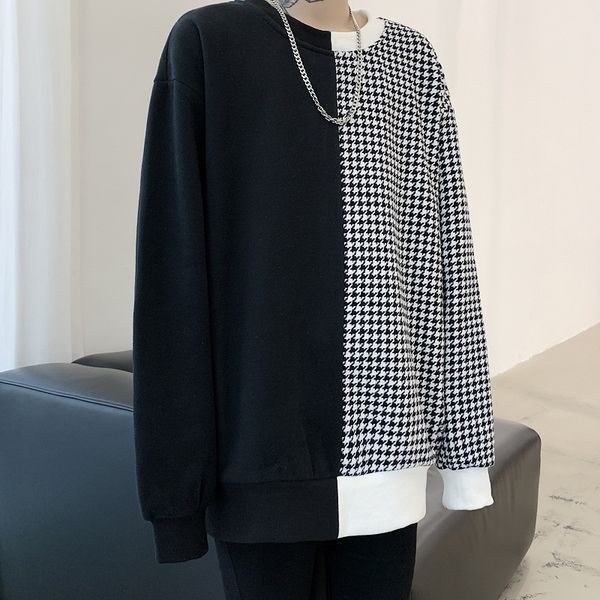

ewq / men's and women's wear hit color patchwork sweatshirt 2020 spring streetwear round neck vintage fashion 9y1412, Black