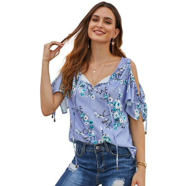 

женская рубашка 2020 sexy v-образным вырезом без плеча с коротким рукавом свободная привязанная рубашка офисная блузка повседневные вершины, White