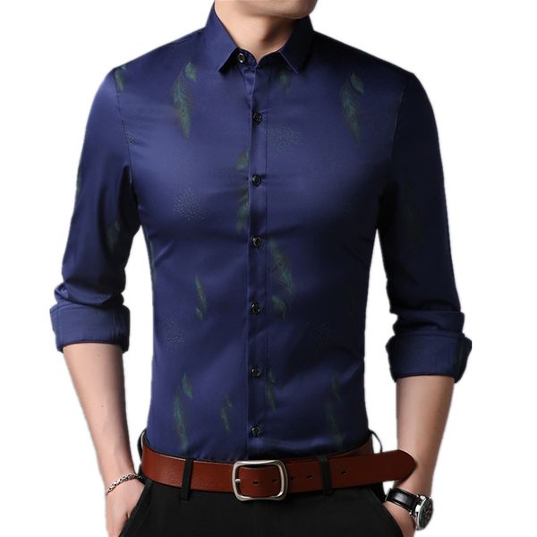 

feather printed shirt men clothing long sleeve casual shirts new brand male formal business social camisa masculina, White;black