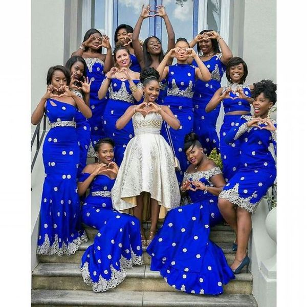Royal Blue Branco Bordado Africano Casacão Vestidos 2019 Um ombro Applique Sereia Bainha Custom Tornado Dridesmaid Dress Dress Meninas negras