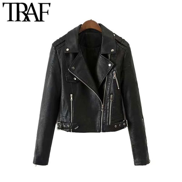 

traf women vintage stylish pu faux leather biker jacket coat fashion lapel collar long sleeve pockets female outerwear chic, Black