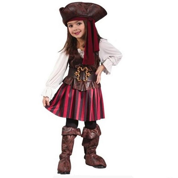 

new year halloween costume for kids girls pirate captain jack sparrow costume hat child cosplay dress, Black;red