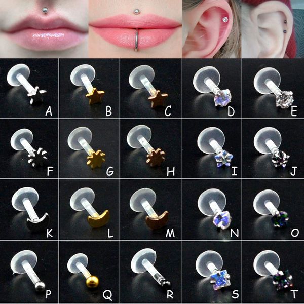 

1pcs surgical steel bioplast labret ear tragus cartilage helix earring lip ring zircon different piercing body jewelry 16g, Slivery;golden