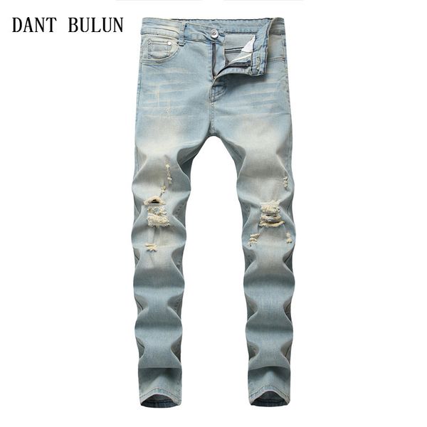 

2020 high street hip hop fashion men jeans denim destroyed ripped slim skinny biker male blue simple knees holes trousers