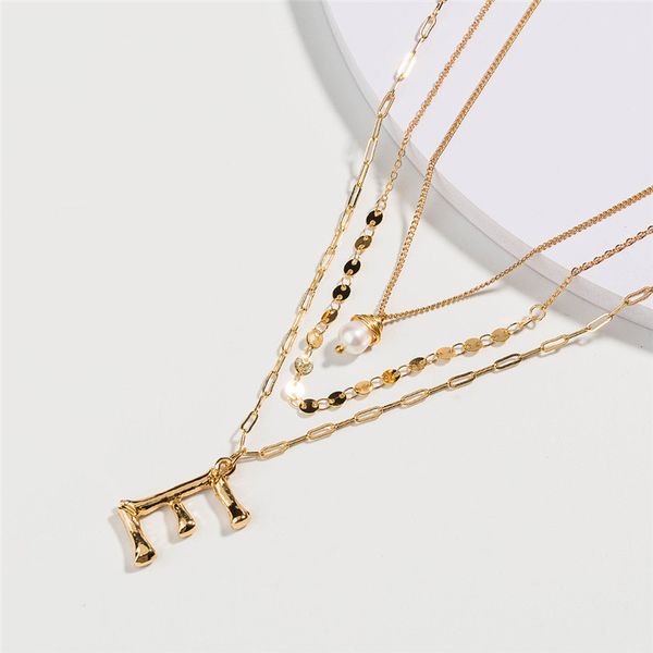 

luxurious gold alloy letter pendant long chain necklace natural freshwater pearl pendant lady 3-multi-layer necklace jewelry, Silver