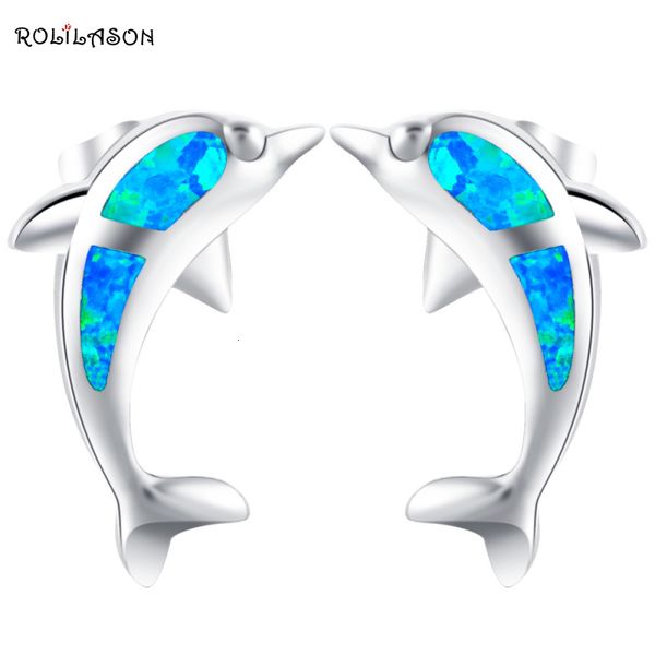 

rolilason lovely dolphin design gift for valentine's day blue fire opal 925 silver stud earrings party fashion jewelry oe606, Golden;silver