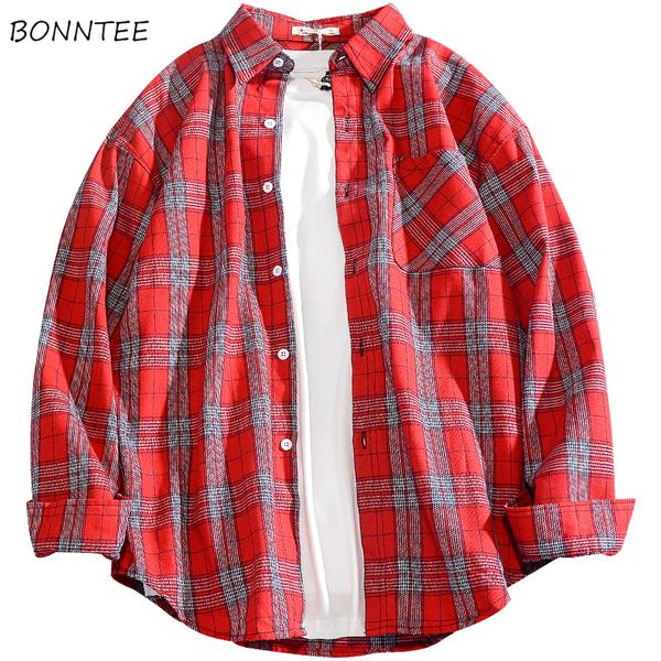 

men shirts plus large size loose korean mens simple all-match male daily plaid streetwear leisure outwear ulzzang long sleeved, White;black