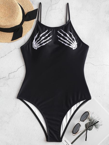 

zaful christmas skeleton hand print one-piece swimsuit swimwear women suit, White;black