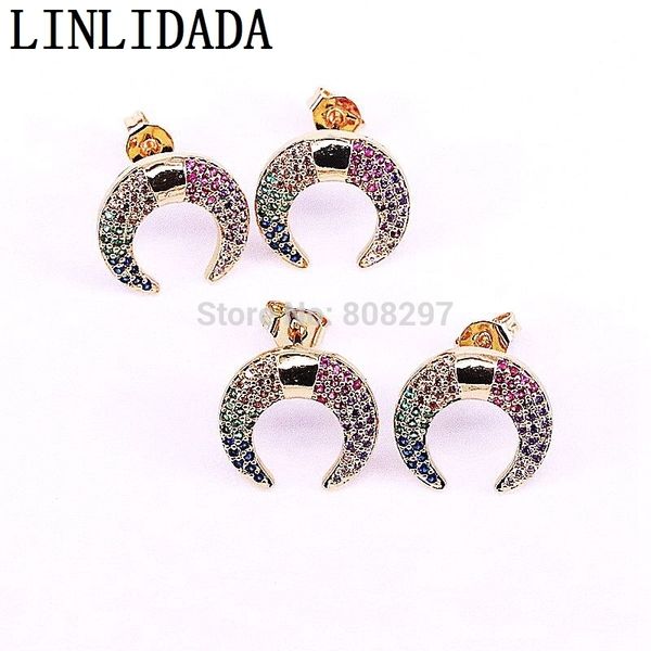 

8pair new style fashion cz zirconia micro pave double horn / crescent moon shape charms studs earring for women t7190617, Golden;silver