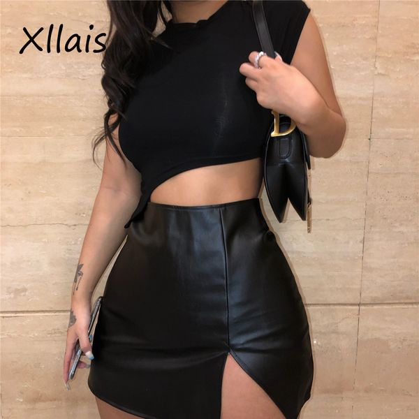 

xllais 2019 pu cropped skirt women fashion mini skirt all match mini, Black