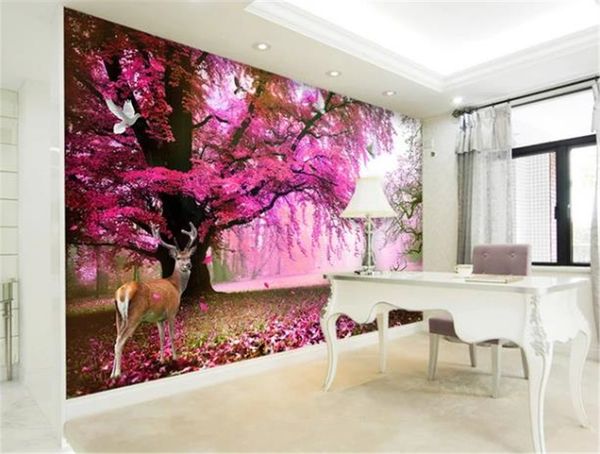 

custom 3d wallpaper dreamy cherry tree, big tree, sika deer living room bedroom background wall decoration mural wallpaper