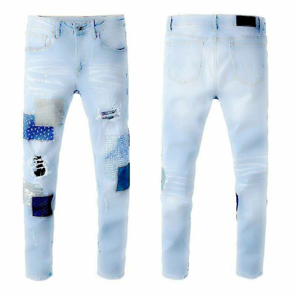 

designer men jeans hole patch art movement skinny jeans arn31 wash light blue stretch pants ultra-thin fashion pants ing