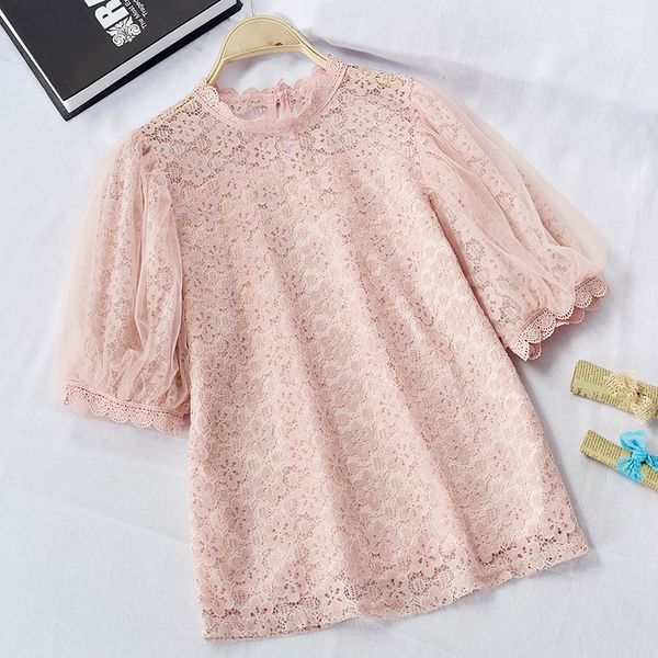 

lolita lace layers stand collar puff sleeve shirt 2020 summer sweet lace top, White