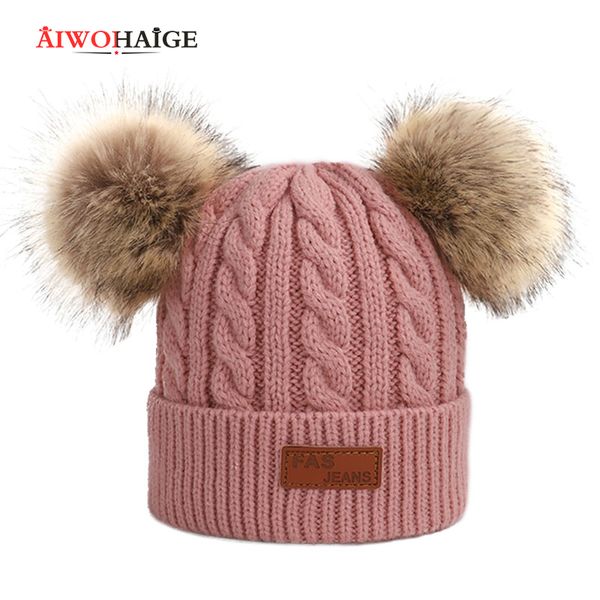 

2019 new winter children faux fur pompom knit beanie kids boys girls solid color hat cotton warm baby soft cap skullies bonnet, Yellow