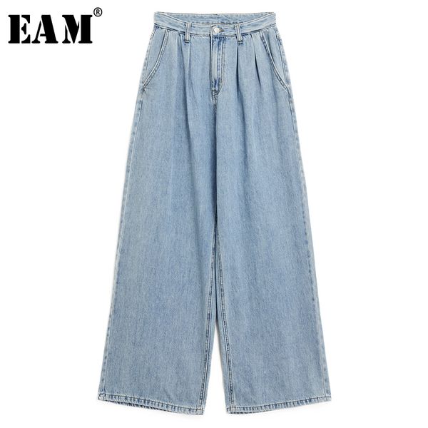 

eam] blue long pleated denim leisure wide leg jeans new high waist loose women trousers fashion tide spring autumn 2020 1w858