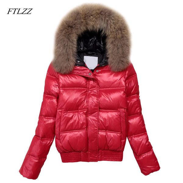 

ftlzz hooded real raccoon fur winter jacket women long sleeve slim white duck down parkas coat female zipper pockets outwear, Black
