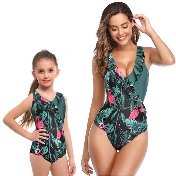 

2020 mother daughter matching swimsuits one piece bikinis for mom and baby girls fashion leaf printed swimwear womens, White;black