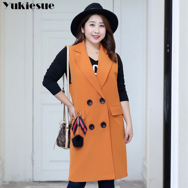 

classic long blazer vest women waistcoat spring autumn elegant office lady coat fashion pockets sleeveless jacket plus size 4xl, Black;white