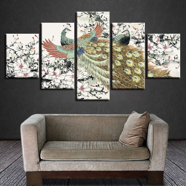 

modern paintings hd prints decor 5 pieces animal peacocks and flower frame modular pictures canvas home for living room wall art