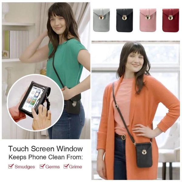 

transparent mini cross body bag women touch screen mobile phone shoulder bag heart-shaped ornament pu leather snap button