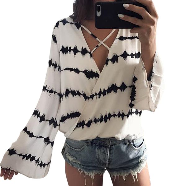 

autumn casual loose t shirt women v-neck long sleeve printed t shirt women chiffon casual clothes camiseta mujer, White