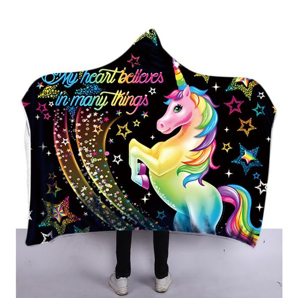 

2019 new colorful unicorn hooded blanket for kids gothic sherpa coral fleece wearable bed sofa cloak throw outing warm tide blanket
