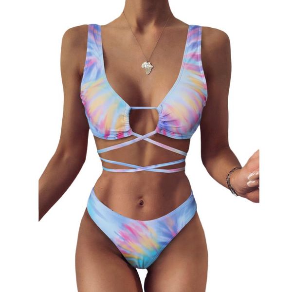 

женщины tie-окрашенных бикини костюмы sexy полые бинты верхняя и tight высокой талией стринги split двухкусочный плавание одежда, White;black