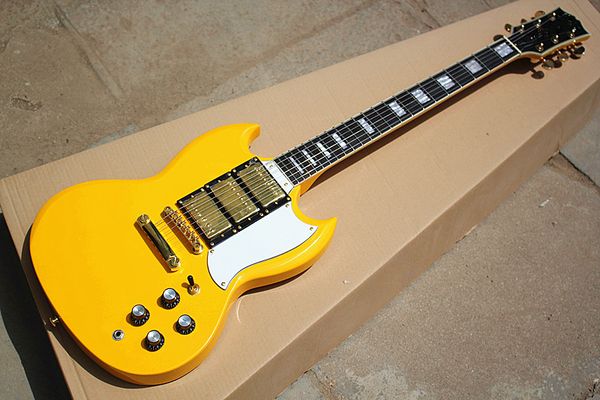 

custom light yellow electric guitar with 3 pickgups,gold hardwares,fixed bridge,white pickguard and rosewood fretboard,can be customized