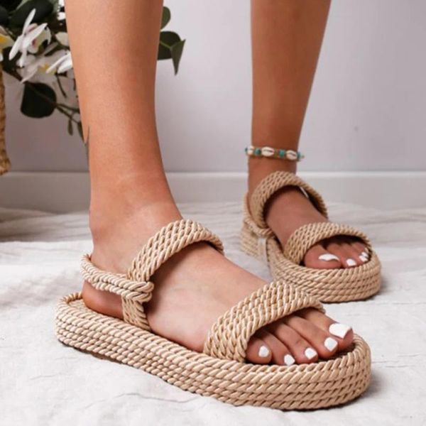 

women sandals vintage linen rope beach platform sandals roman style thick bottom flat slipper flip flop sandalias mujer, Black