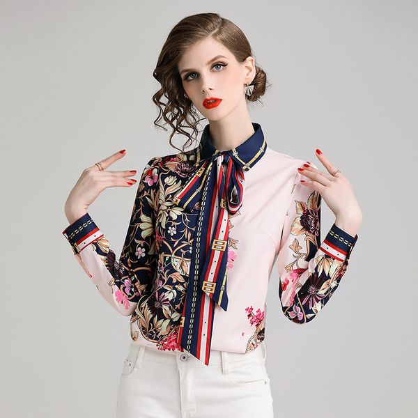 

quality button front print shirt long sleeve women spring autumn winter fashion runway luxury blouses plus size ladies elegant bow, White