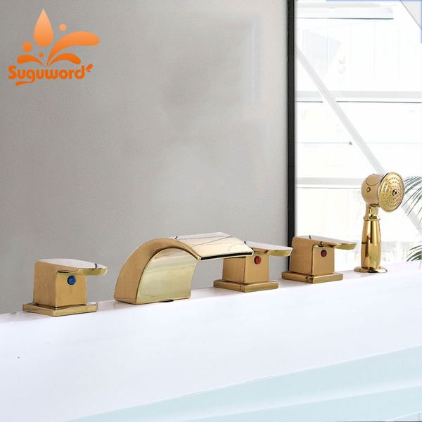 

suguword brass hand shower bathtub sink faucet three handle 5 holes deck mounted and cold water more color choices