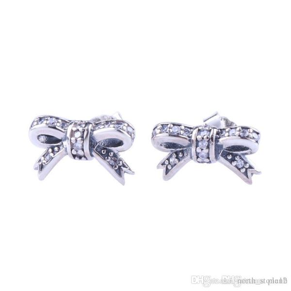 

cute small bow stud earrings original box sets for pandora 925 sterling silver women girls cz diamond gift earring, Golden;silver