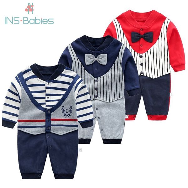 

baby jumpsuit spring clothing newborn cotton clothes infant long sleeved rompers baby boys bow tie climbing roupa pajama outwear y200623, Blue