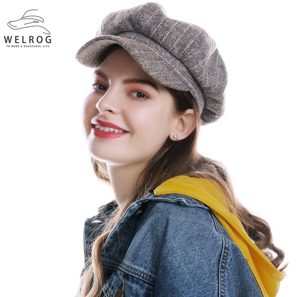 

welrog 2020 womens octagonal hat british style faux wool female stripe newsboy caps retro painter cap autumn beret hat cap, Blue;gray