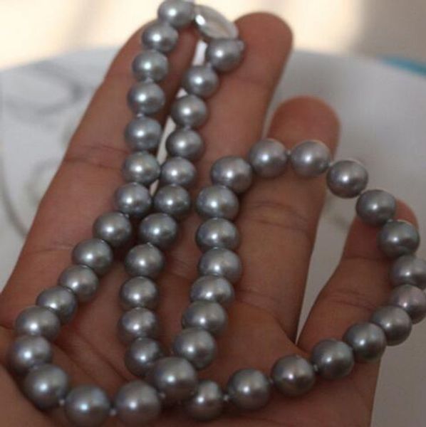 

elegante ronda mar del sur 9-10mm gris plata collar de perlas 18 pulgadas, Silver