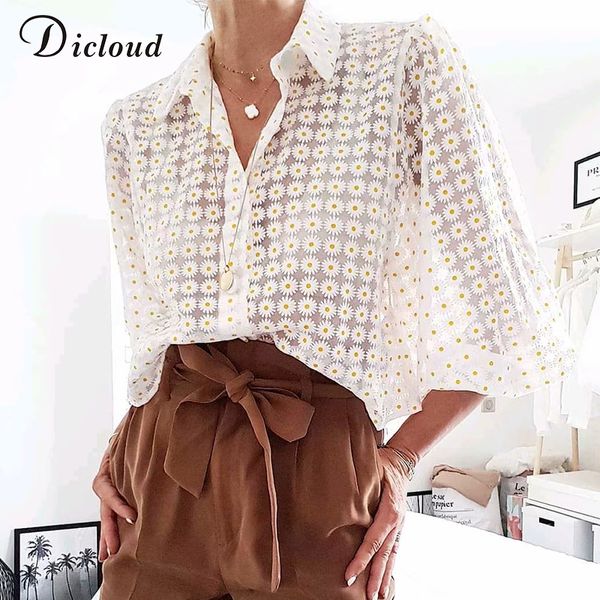 

dicloud elegant see through daisy blouse women summer autumn nine quarter sleeve fashion ladies shirt 2019 beach cover up, White