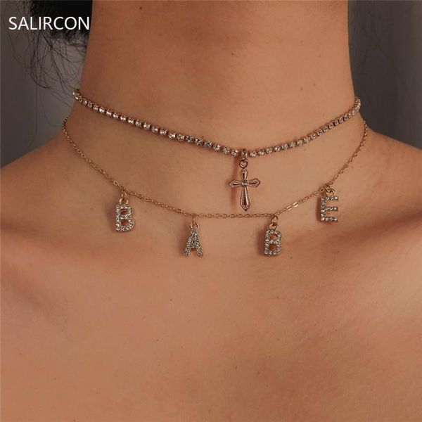 

salircon boho babe letter cross jesus pendant necklace women fashion multi layer tennis chain rhinestone choker necklace jewelry, Golden;silver