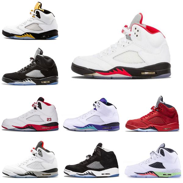 

real mens basketball shoes 5 5s black grape white cement oreo olympic gold medal space jam blue fire red sport sneakers size 7-13, White;red