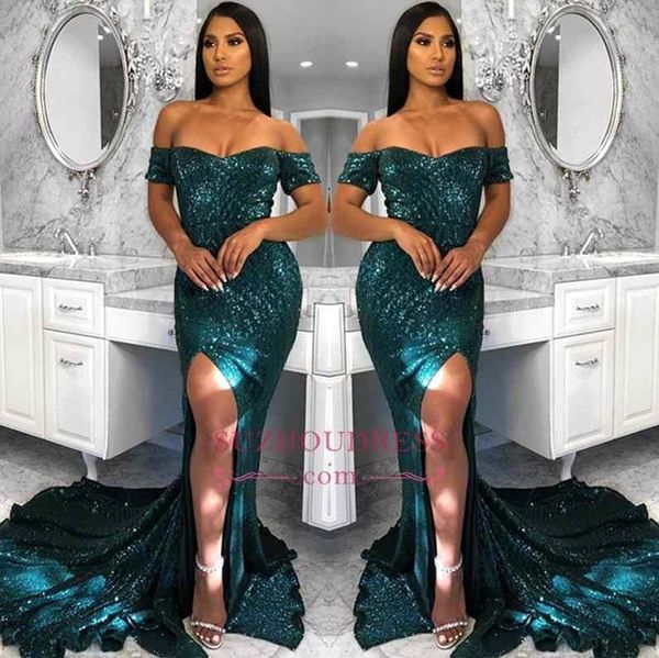 

2019 african green mermaid prom dresses new high slit sequined sweep train sparkly evening party gowns bc1486, Black