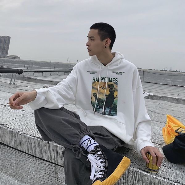 

2019 autumn korean version of dinosaur printing couple hooded loose student long-sleeved hoodie cotton large size harajuku, Black