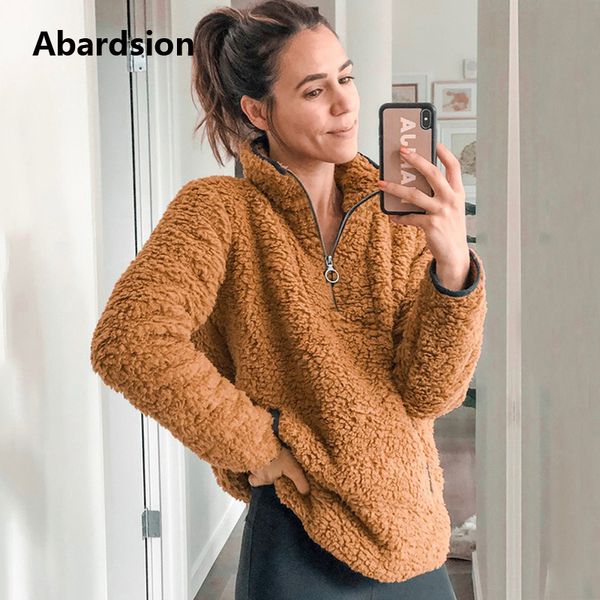 

abardsion winter warm plush fur hoodies 2019 women sweatshirt casual solid fleece pullover hoody ladies zipper v neck hoodie, Black