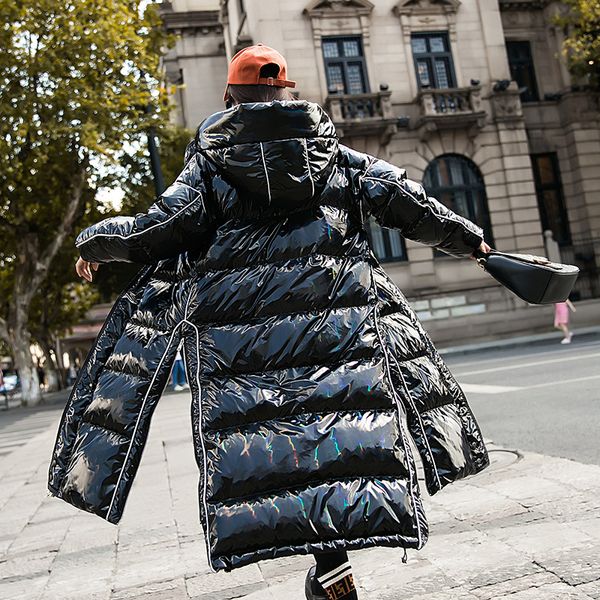 

black glossy hooded coat white duck down jacket women warm thick long winter coat loose female puffer waterproof jacket parkas